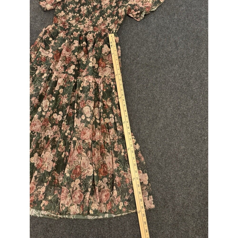 Baltic Born Floral Smocked Midi Dress Green Pink Short Sleeve Zip Closure M - Picture 3 of 8